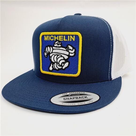 Retro 70s Michelin Man Flat Bill Snapback Mesh Trucker Embroidered Patch Blu Whi - Picture 2 of 4